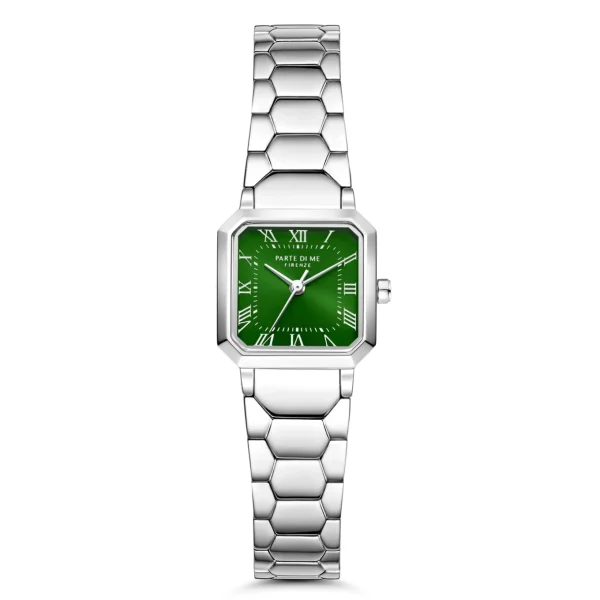 Orologio quadratische Damenuhr silberfarben und grün