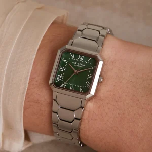 Orologio quadratische Damenuhr silberfarben und grün