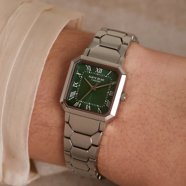 Orologio quadratische Damenuhr silberfarben und grün