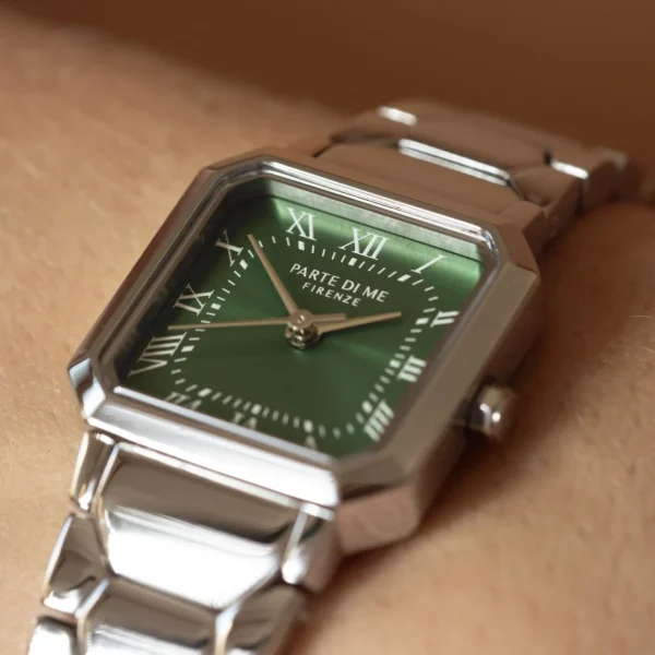 Orologio quadratische Damenuhr silberfarben und grün