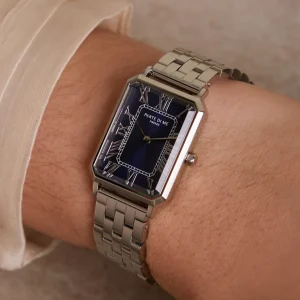Orologio rechteckige Damenuhr silberfarben und dunkelblau