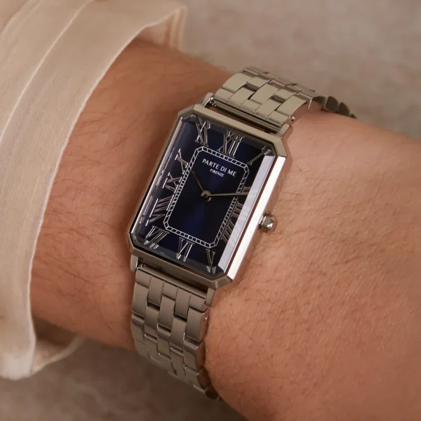 Orologio rechteckige Damenuhr silberfarben und dunkelblau
