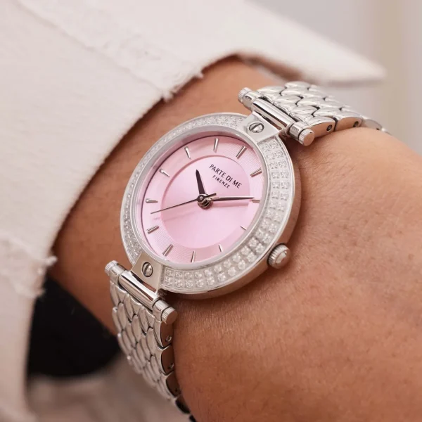 Orologio runde Damenuhr silberfarben und rosa
