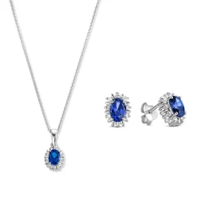 Sorprendimi 925 Sterling Silber Halskette und Ohrstecker Geschenk-Set mit blauen Zirkonia Stein