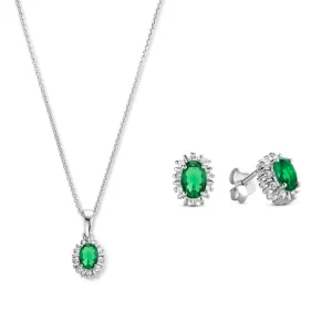 Sorprendimi 925 Sterling Silber Halskette und Ohrstecker Geschenkset mit grünen Zirkonia Steinen