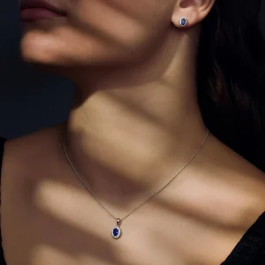 Sorprendimi 925 Sterling Silber Halskette und Ohrstecker Geschenk-Set mit blauen Zirkonia Stein